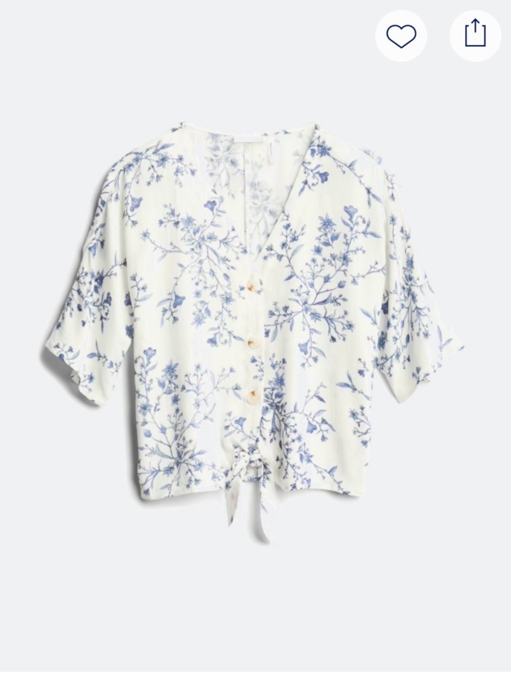 Floral Tie-Front Button V-Neck Blouse — White with Blue Print